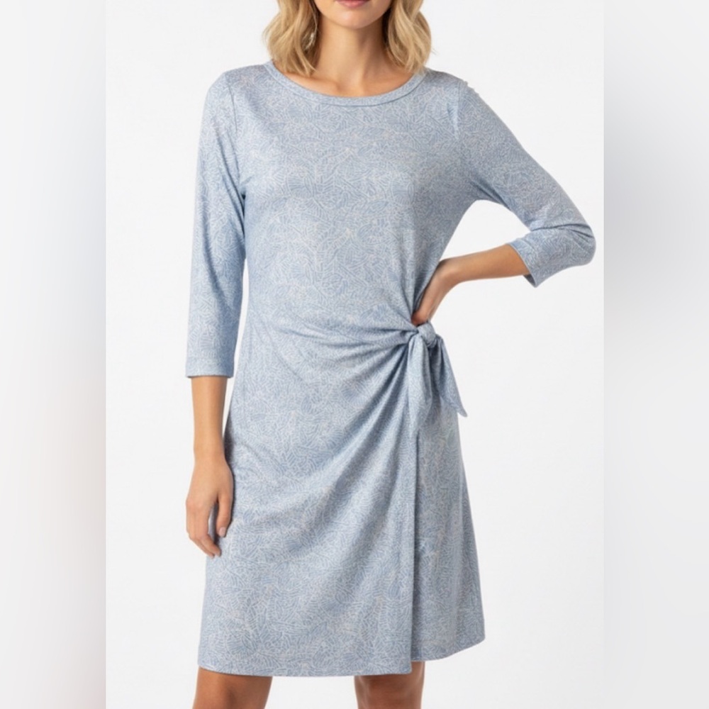 Vineyard Vines Blue White Faux Wrap Side Tie 3/4 sleeve Round Neck Dress M